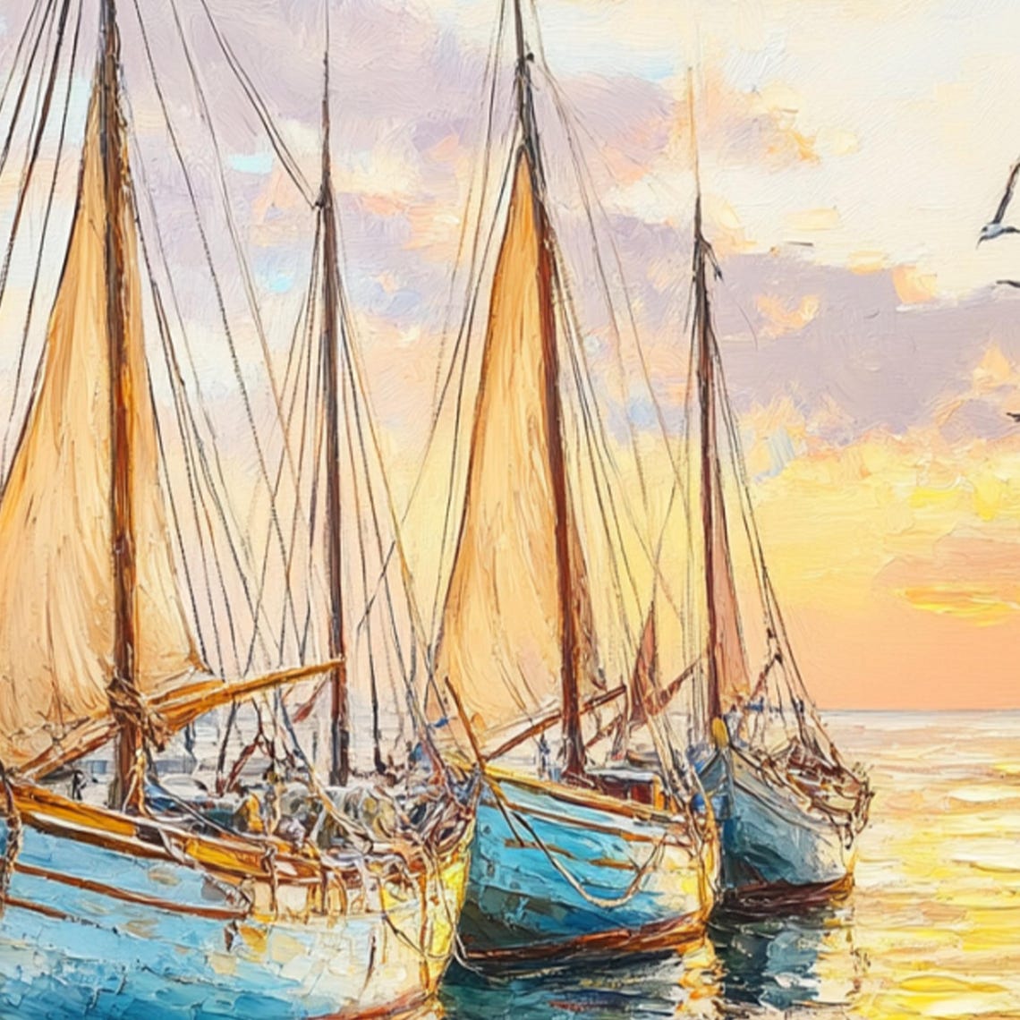 Sailboats at Golden Sunset Harbor With Seagulls Oil Painting Poster - Image 2
