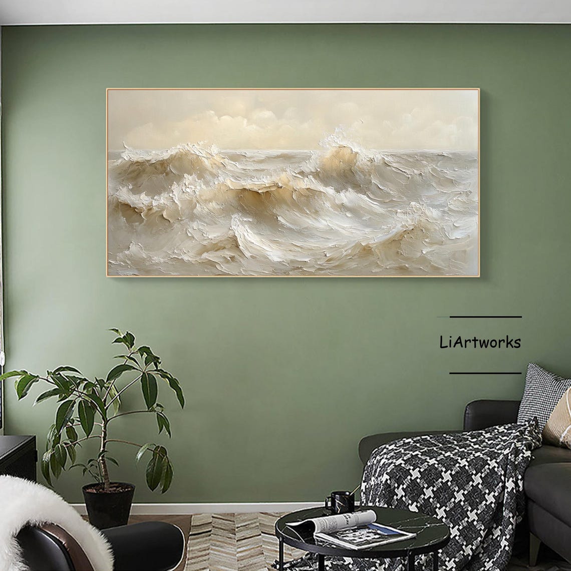 Crashing Beige Waves With White Spray Textured Ocean Art Poster - Image 4
