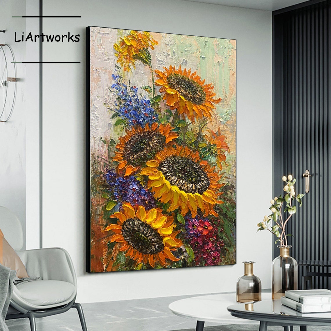 Impasto Sunflowers with Blue Blossoms Thick Texture Floral Art Poster - Image 4