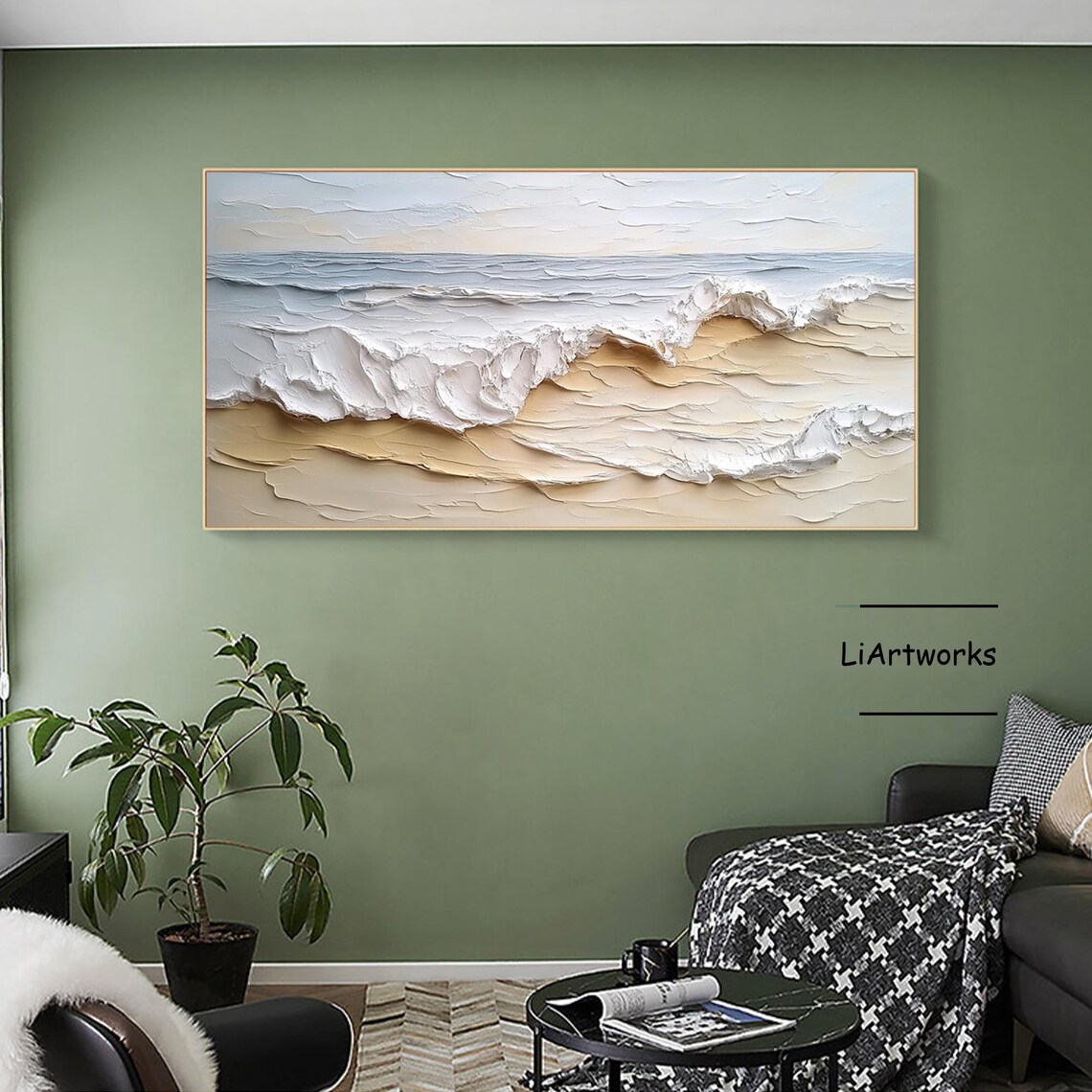 Pale Blue Sea Wave With White Foamy Curl Textured Art Poster - Image 2