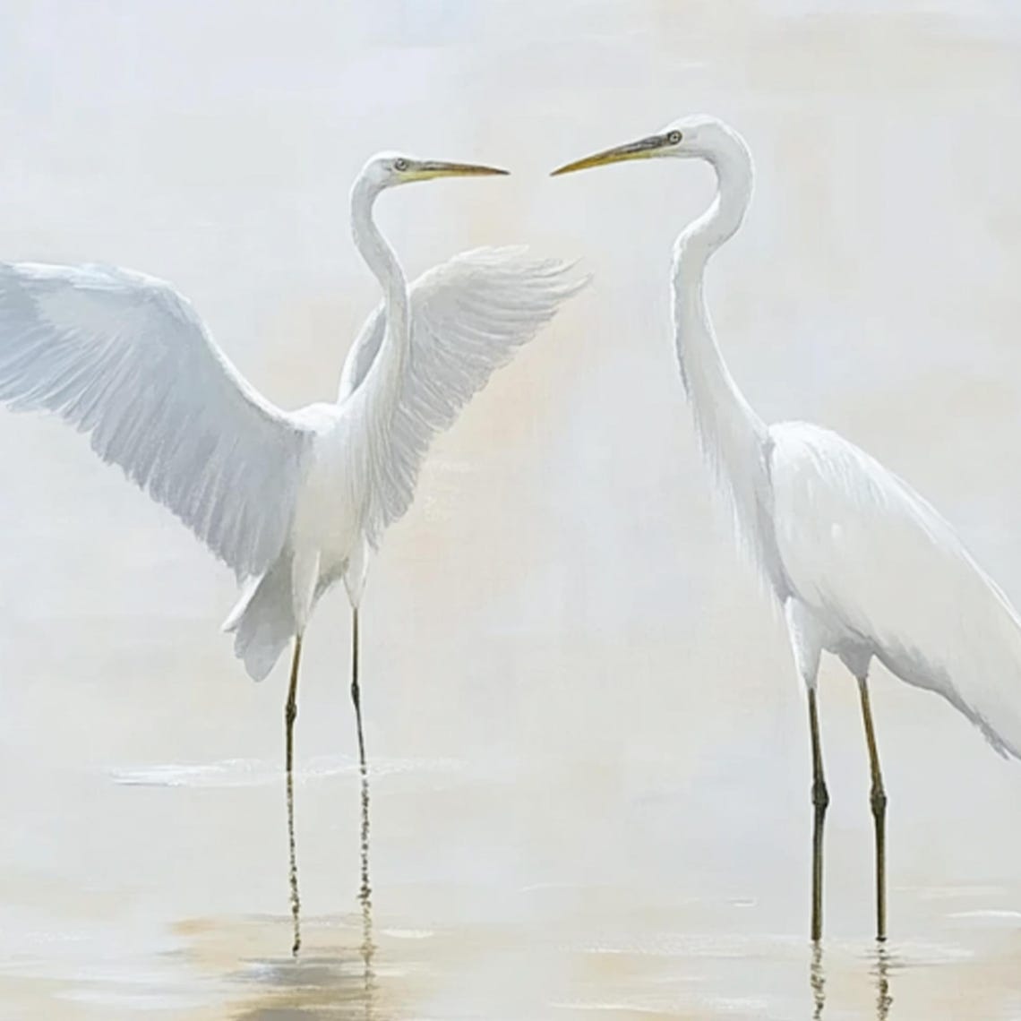 Two White Egrets Facing Each Other Calm Water Bird Art Poster - Image 2