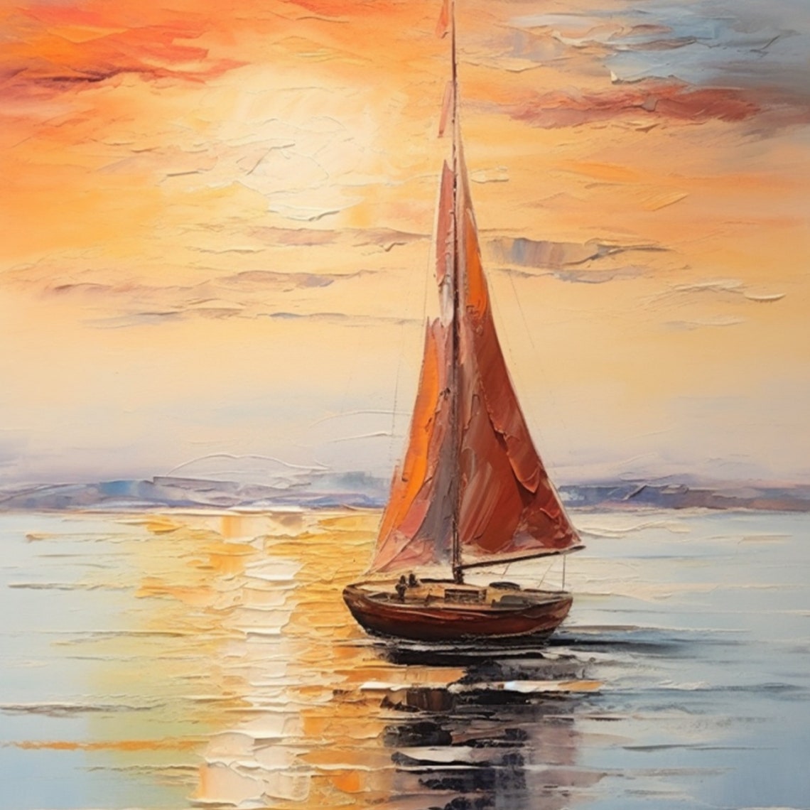 Sailboat At Sunset Orange Sails Textured Seascape Painting Poster - Image 2