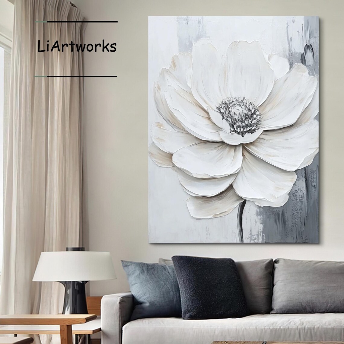Large White Flower Textured Impasto Minimalist Floral Art Poster - Image 3