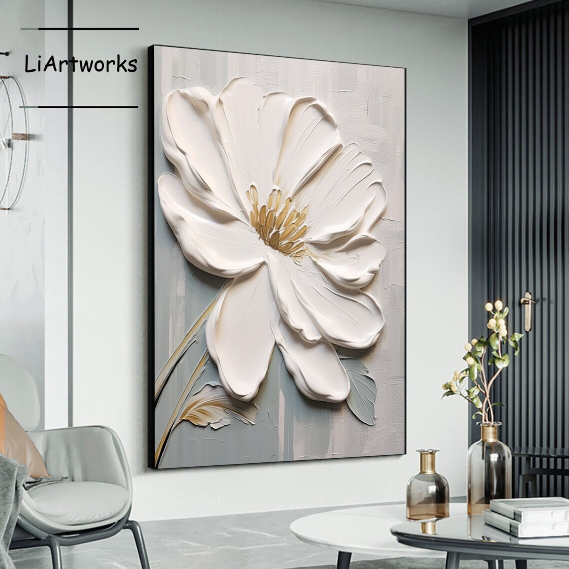 White Flower With Golden Heart On Soft Gray Textured Art Poster - Image 4