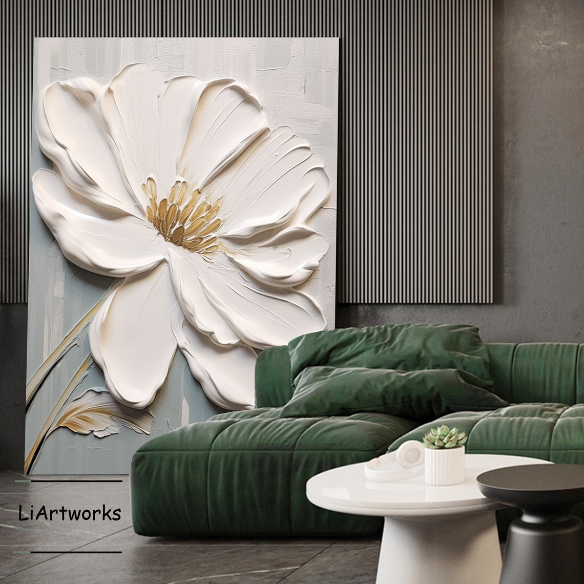 White Flower With Golden Heart On Soft Gray Textured Art Poster - Image 2