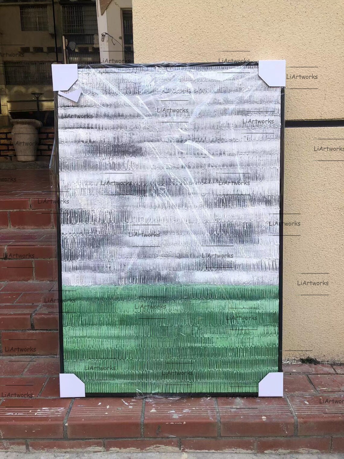 Abstract Textured Emerald Green and White Ridged Oil Painting Poster - Image 2