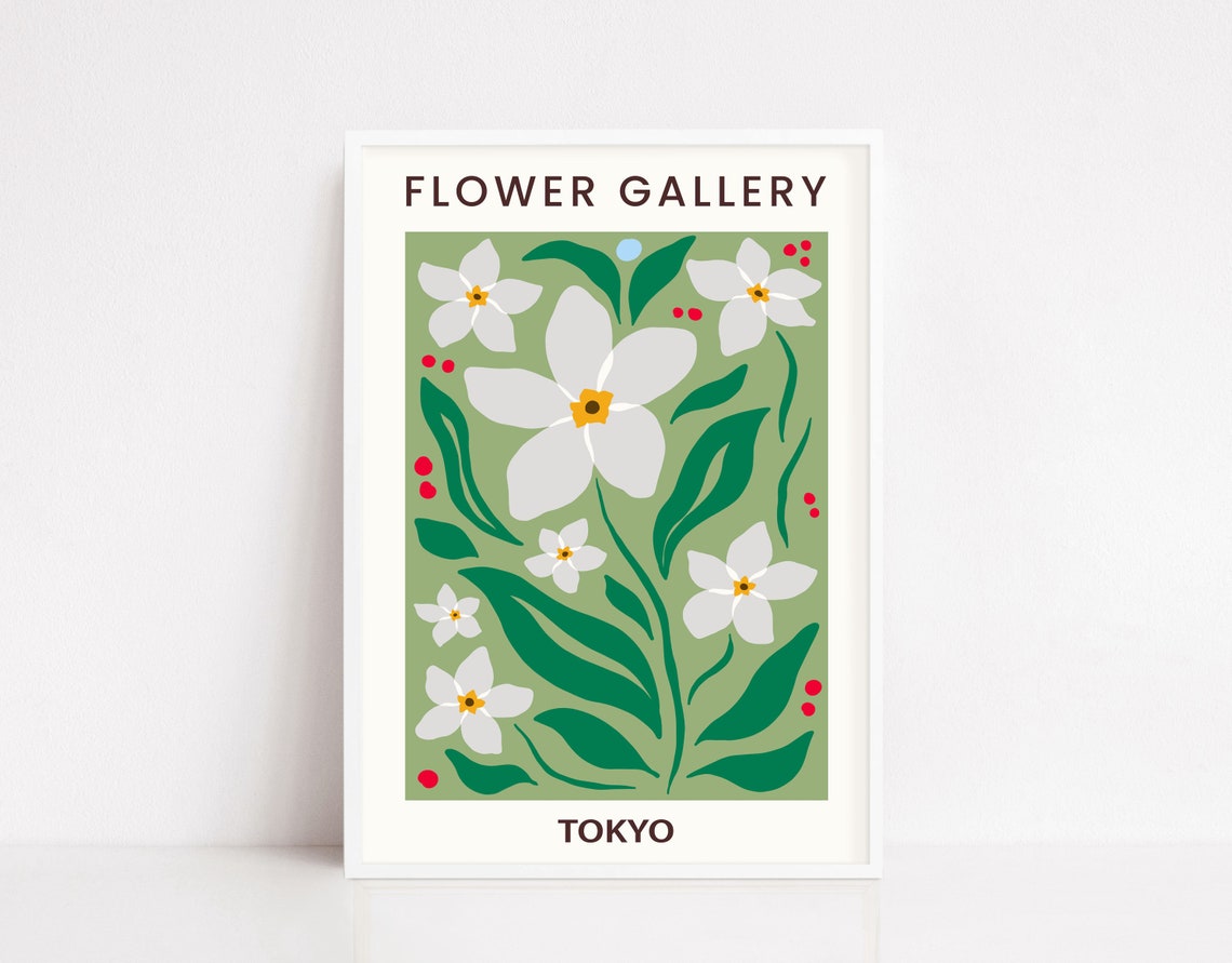Flower Gallery Tokyo White Blossoms Green Leaves Modern Floral Poster