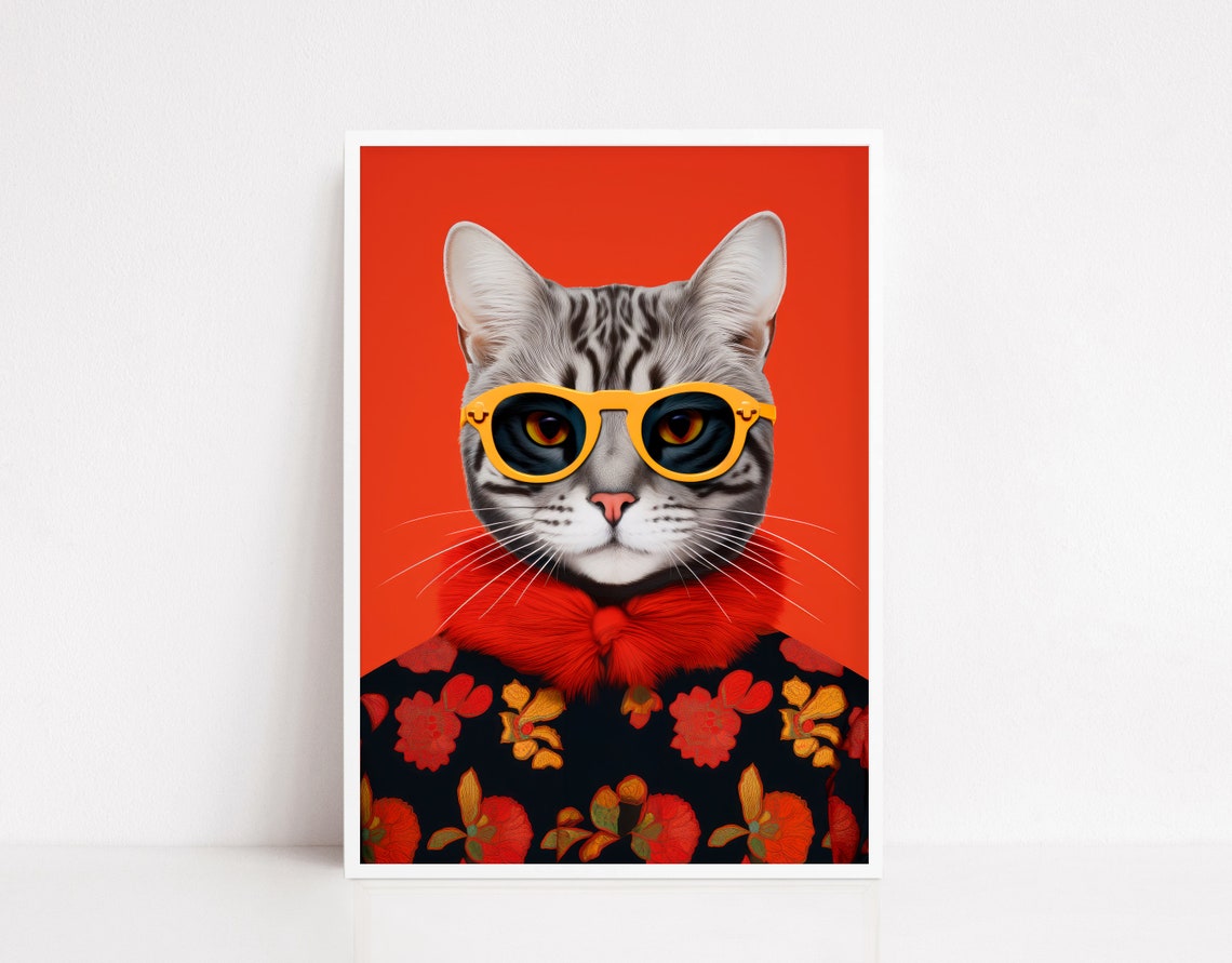 Fashionable Tabby Cat With Yellow Sunglasses Funny Art Poster