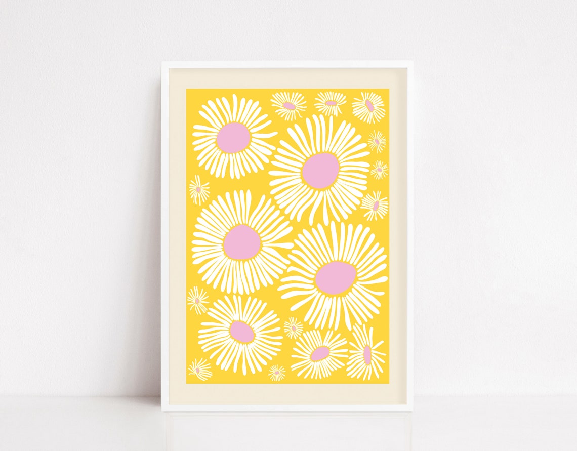 White Daisies On Bright Yellow Retro Floral Style Decor Poster