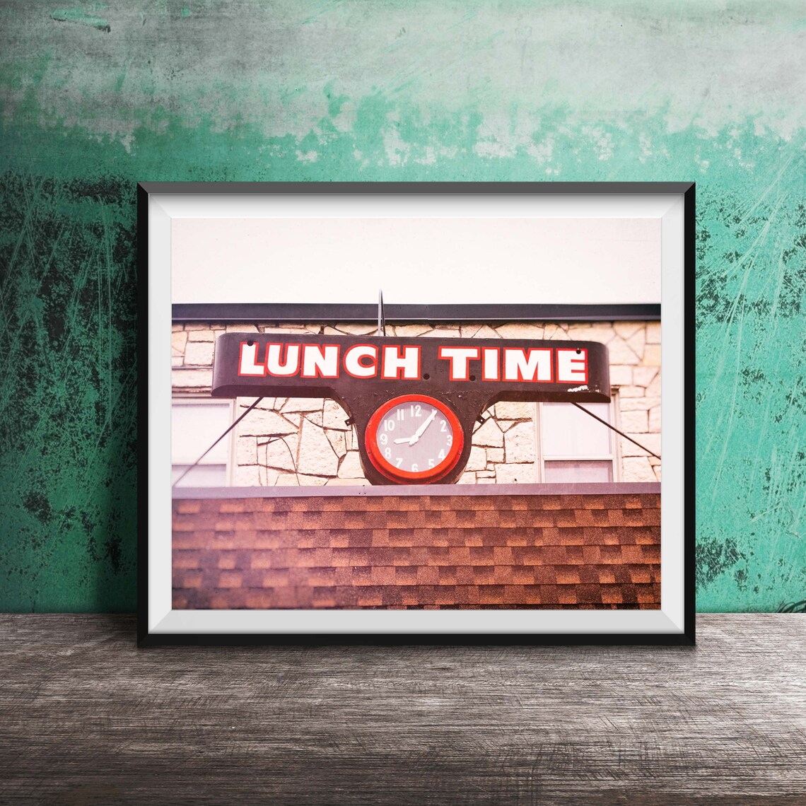 Vintage Lunch Time Red Clock Sign on Stone Building Photography Poster