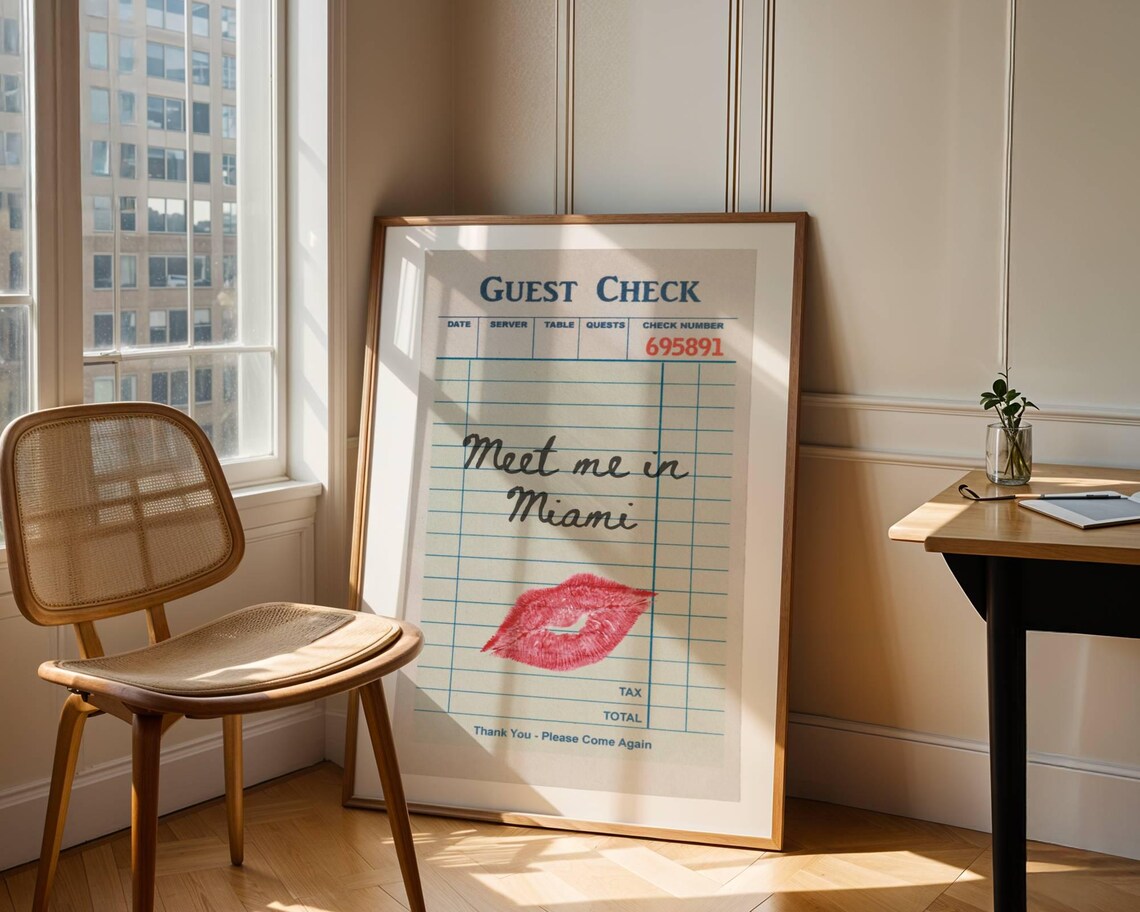 Meet Me in Miami Retro Guest Check Lipstick Kiss Kitchen Wall Art