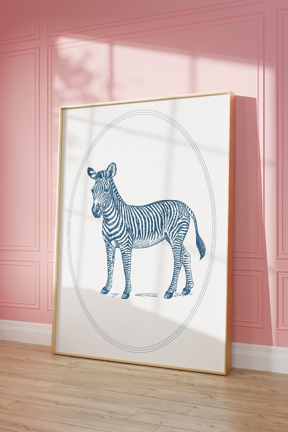 Standing Zebra Blue Line Illustration Oval Frame Animal Art Poster