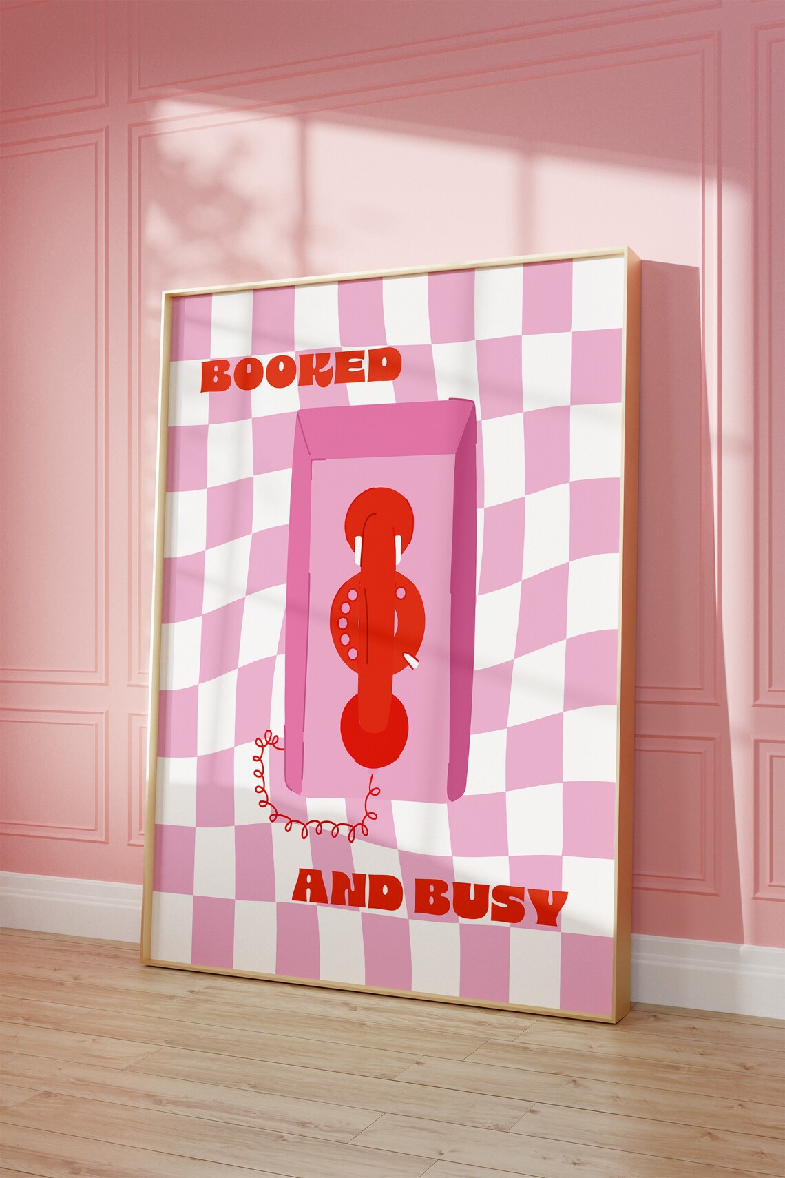 Booked And Busy Red Retro Telephone Pink Checkered Pop Art Poster - Image 3