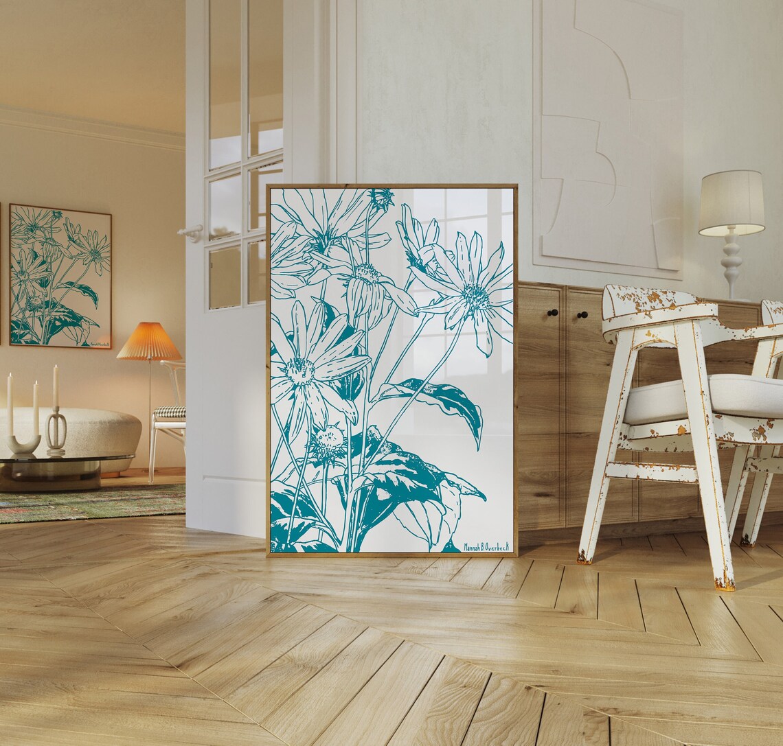 Teal Wildflower Line Art Botanical Illustration White Art Poster - Image 2