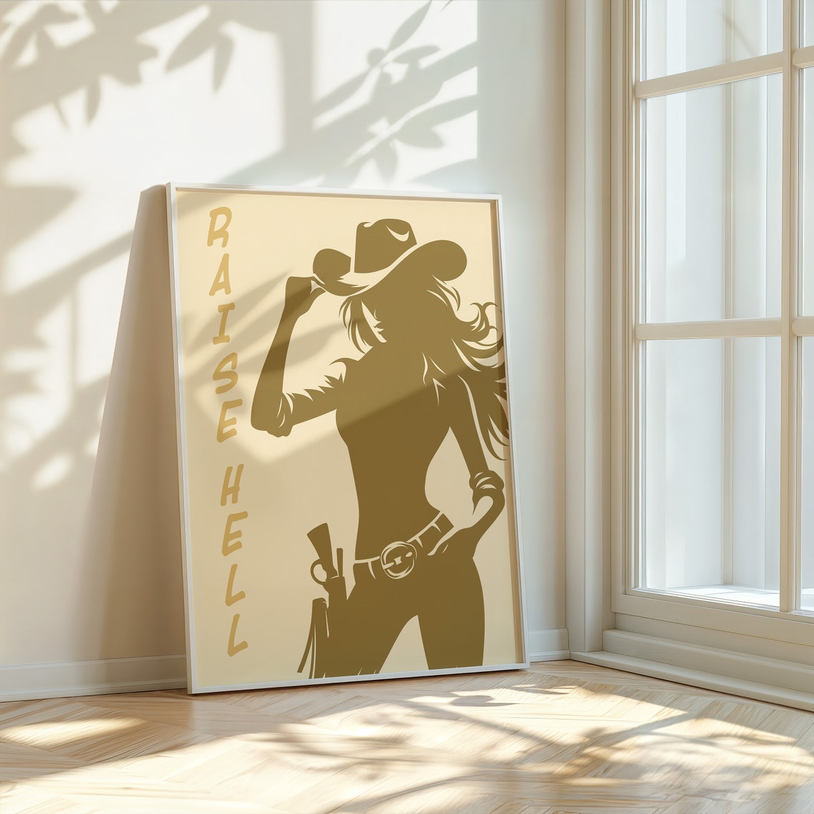 Raise Hell Cowgirl Silhouette Gold Vintage Western Art Poster - Image 2