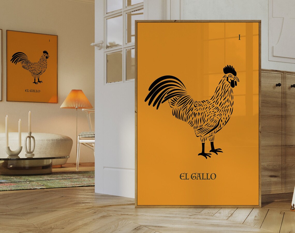 Orange El Gallo Rooster Mexican Loteria Card Folk Art Poster