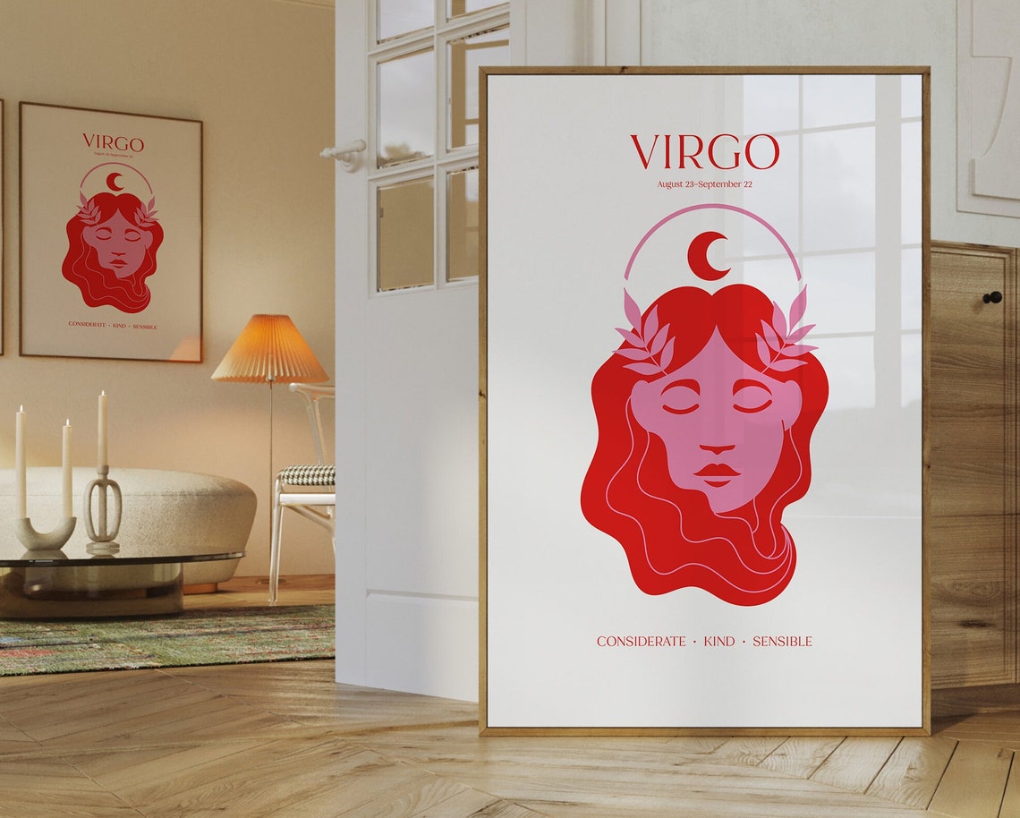 Virgo Zodiac Red Moon Goddess Face Astrology Date Traits Poster - Image 2