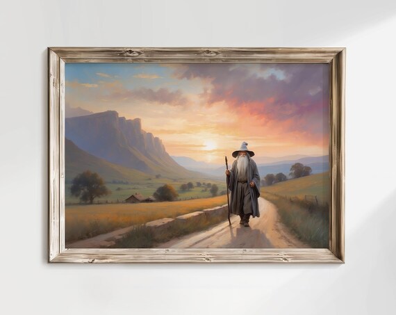 Grey Wizard Walking Winding Sunset Road Mountain Fantasy Art Poster