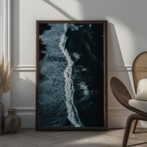 Aerial Ocean Waves Photography Dark Moody Beach Print Coastal Wall Art Tranquil Seaside Ocean Art Black And White Beach Photography