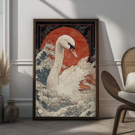 Elegant Swan Wall Art Japanese Inspired Illustration With Waves And Red Sun Bold And Graceful Decor For Modern And Traditional Spaces