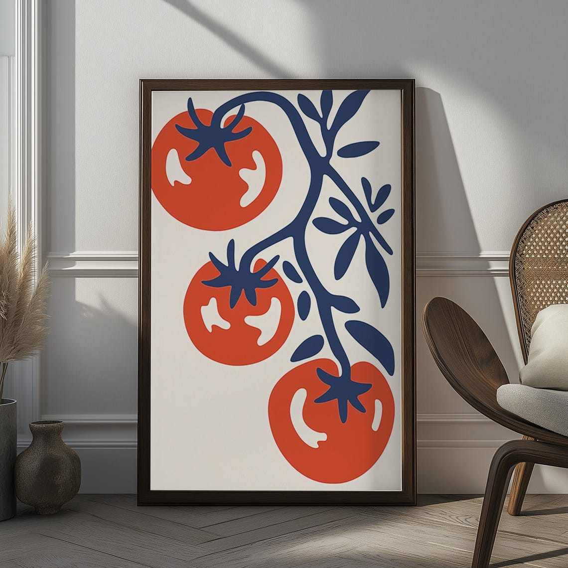 Modern Tomato Vine Red Blue Abstract Kitchen Botanical Wall Art