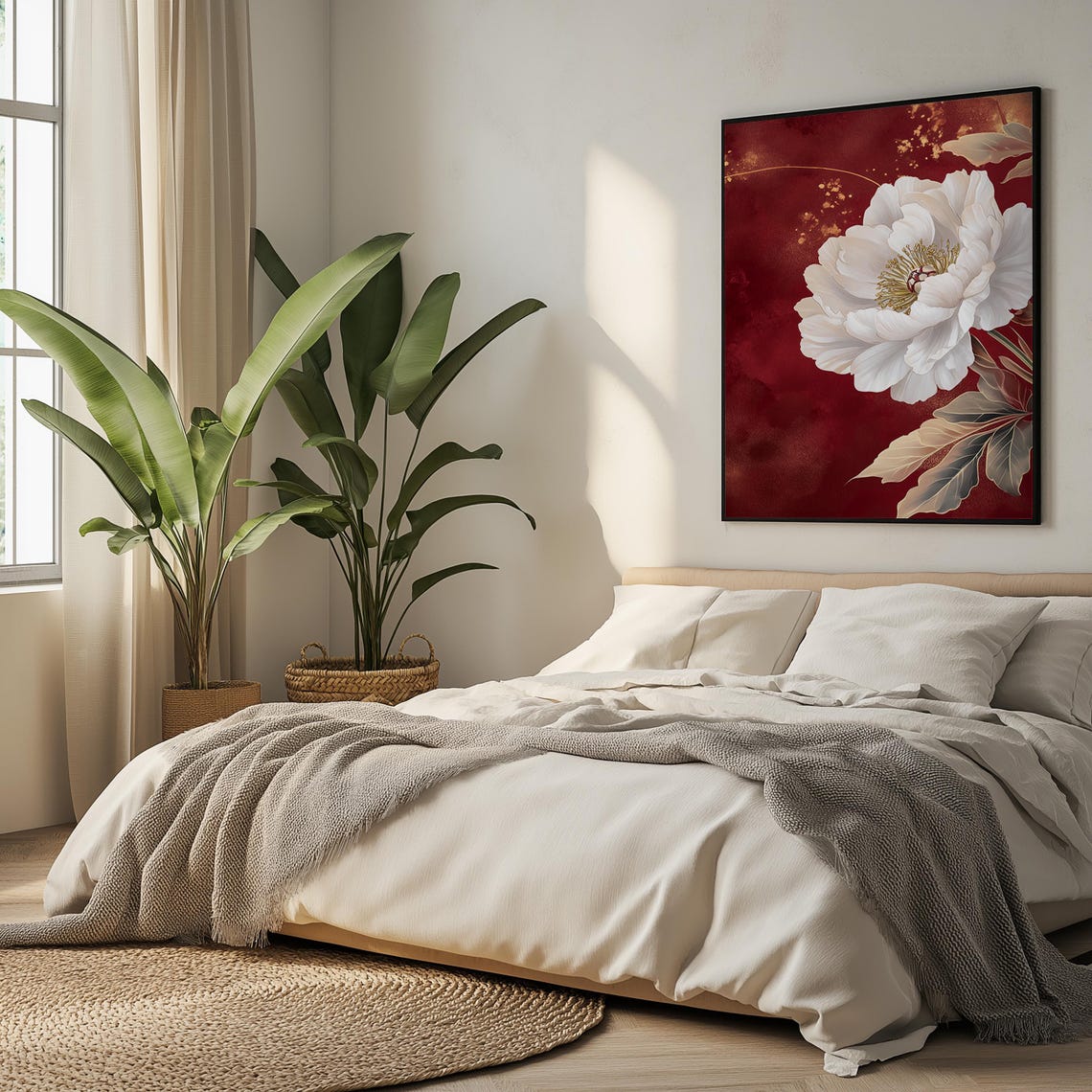 Elegant White Peony Blossom on Deep Red Floral Botanical Poster - Image 4