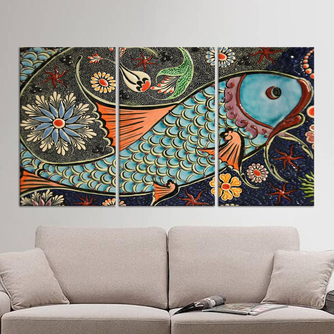 Decorative Blue Mosaic Fish with Florals and Starfish Patterns Poster - Image 3