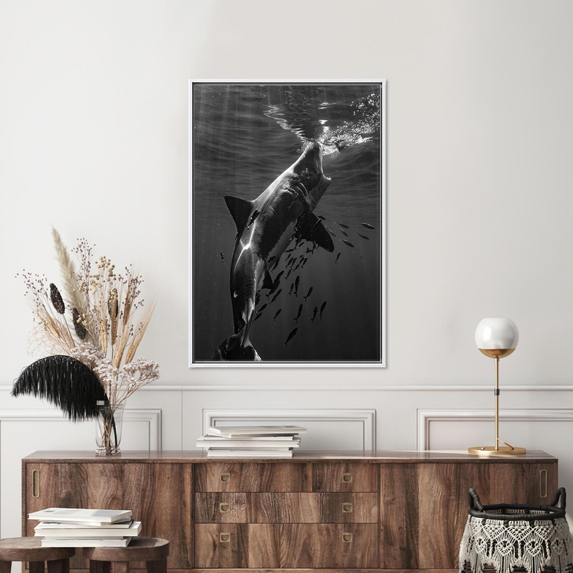 Shark And Small Fishes Minimalist Art Print - Image 4