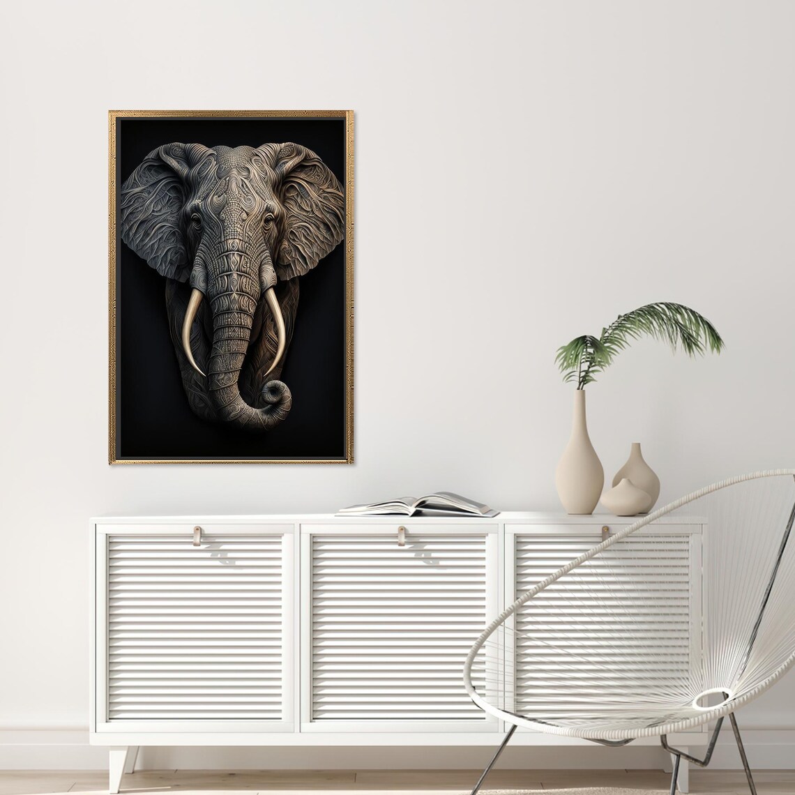 Majestic Elephant Head in Tribal Detailed Style Art on Black Poster - Image 2