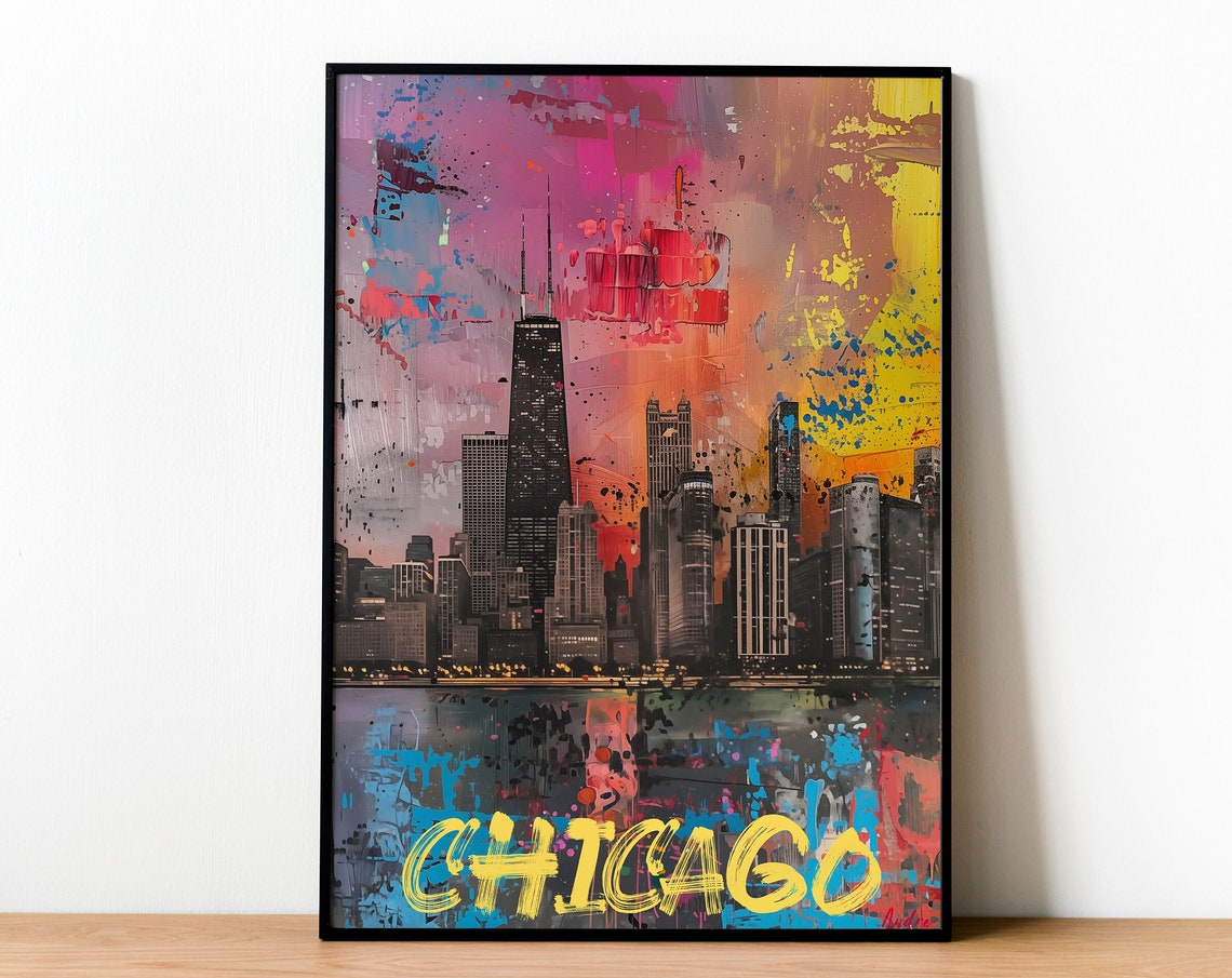 Chicago Vintage Travel Poster, Cityscape Room Decor