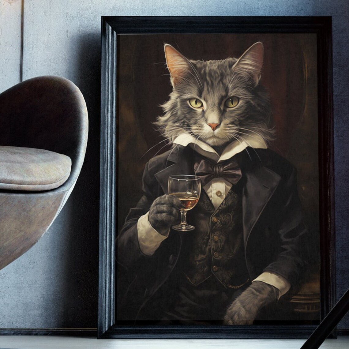 Gray Cat Drinking Whiskey Tuxedo Gentleman Vintage Oil Painting Poster