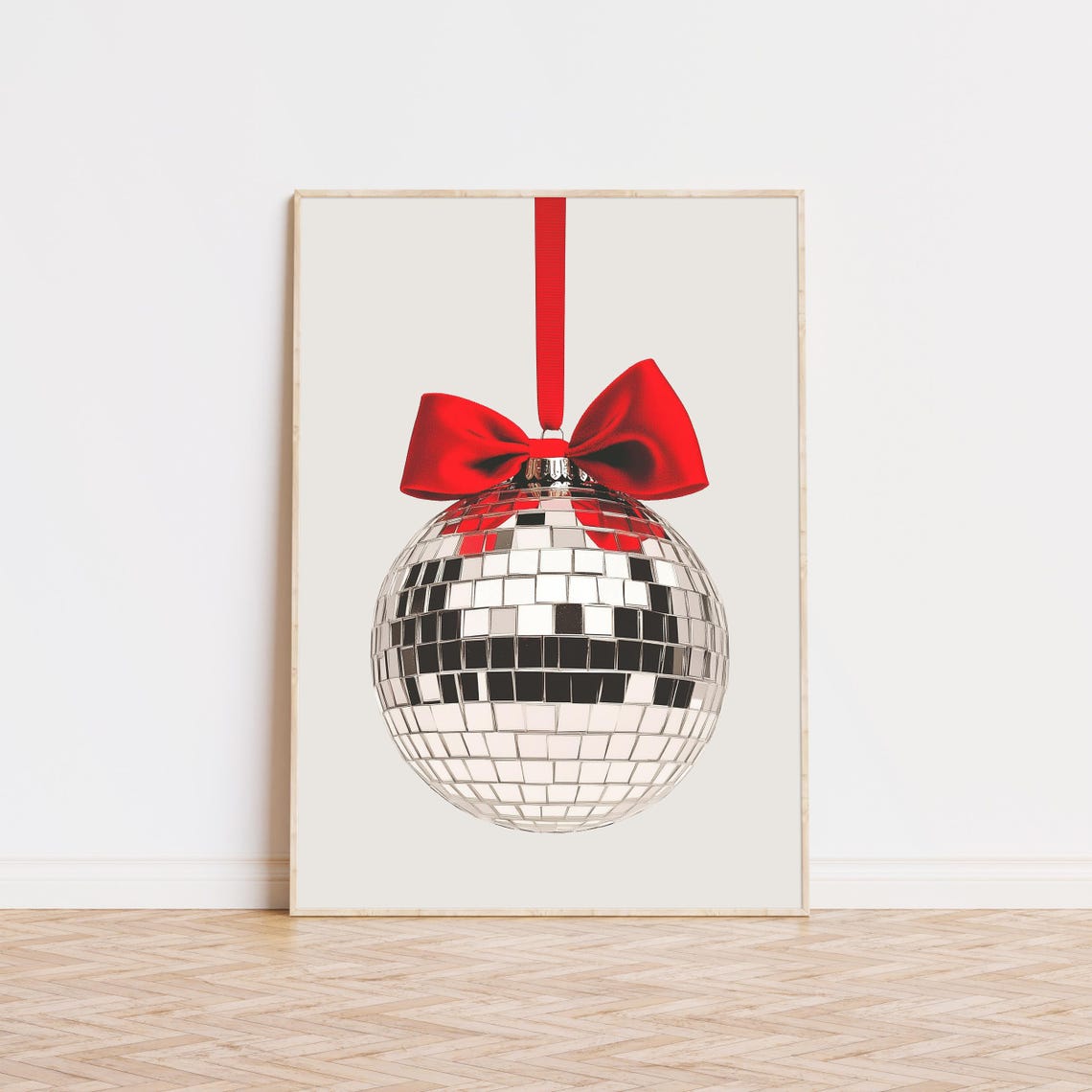 Disco Ball Christmas Ornament Red Bow Holiday Party Wall Print