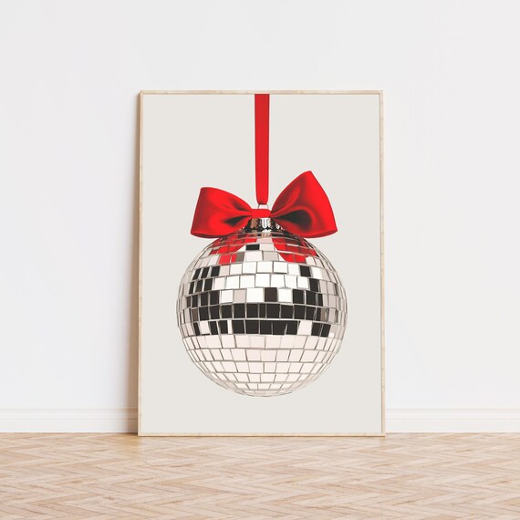 Disco Ball Christmas Ornament Red Bow Holiday Party Wall Print