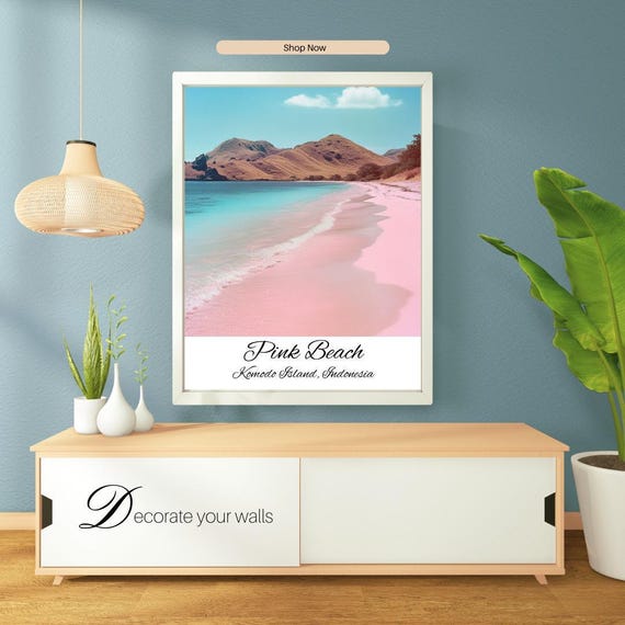 Pink Beach Komodo Island Poster Tropical Wall Art Vibrant Indonesian Decor Print For Home Or Cafe