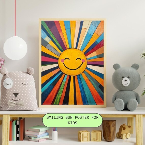 Smiling Sun Rainbow Rays Happy Kids Room Colorful Art Poster