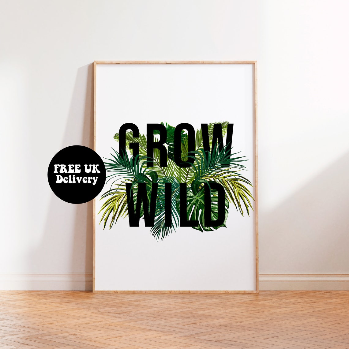 Grow Wild Tropical Palm Leaf Monochrome Botanical Wall Poster