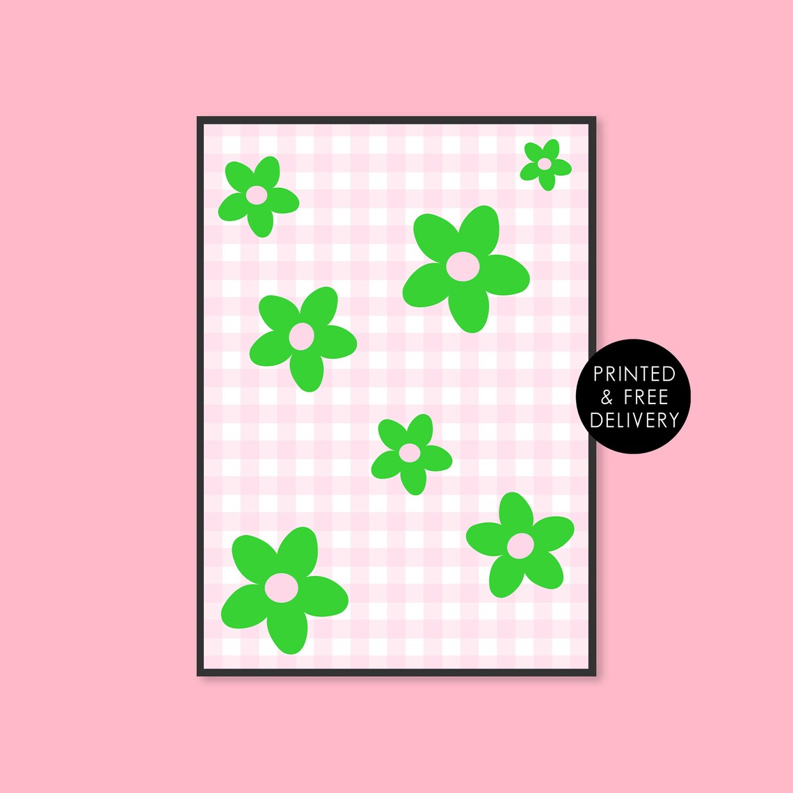 Green Daisy Flower Pink Gingham Pattern Retro Floral Art Poster