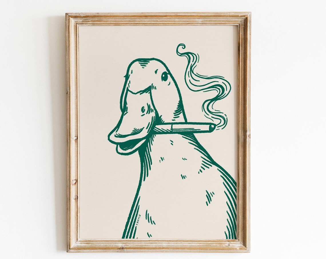 Duck Smoking Retro Vintage Art Print, Funky Decor