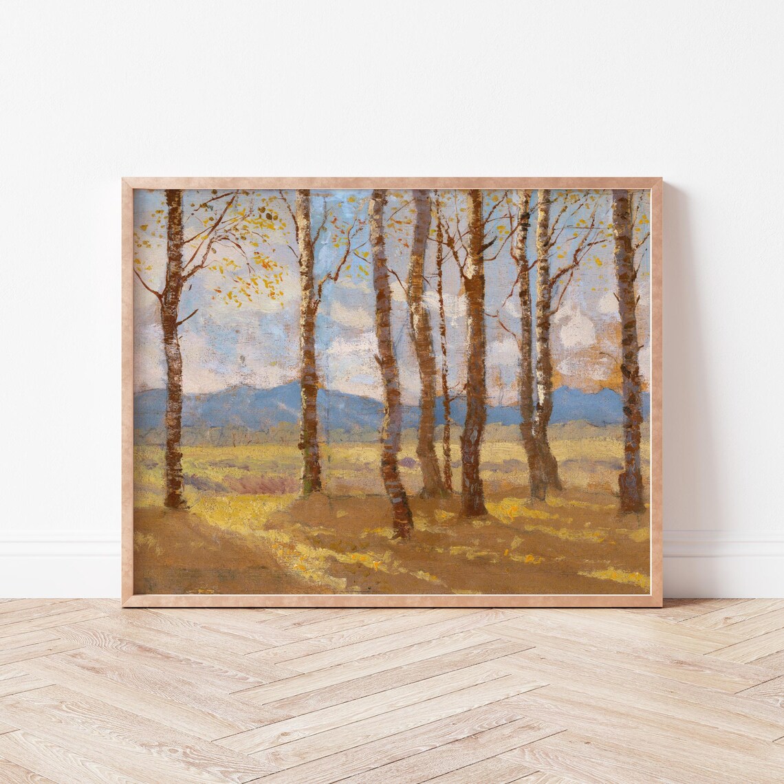 Golden Birch Trees Autumn Countryside Landscape Painting Wall Art