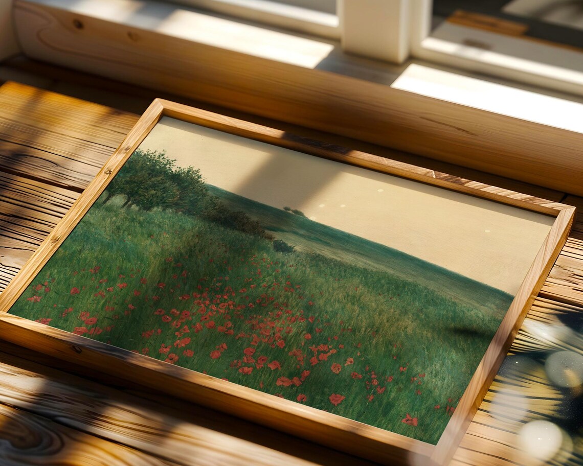 Red Poppies in Green Meadow Landscape Oil Painting Art Print