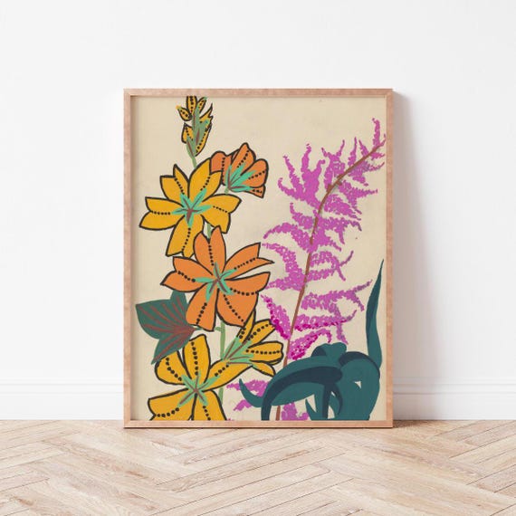 Vintage Orange Flower Botanical Art Boho Vibrant Home Decor Wild Violets Prints Bo0017