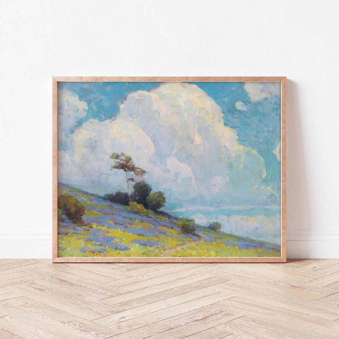 Rolling Green Meadow with Big Clouds Landscape Painting Poster