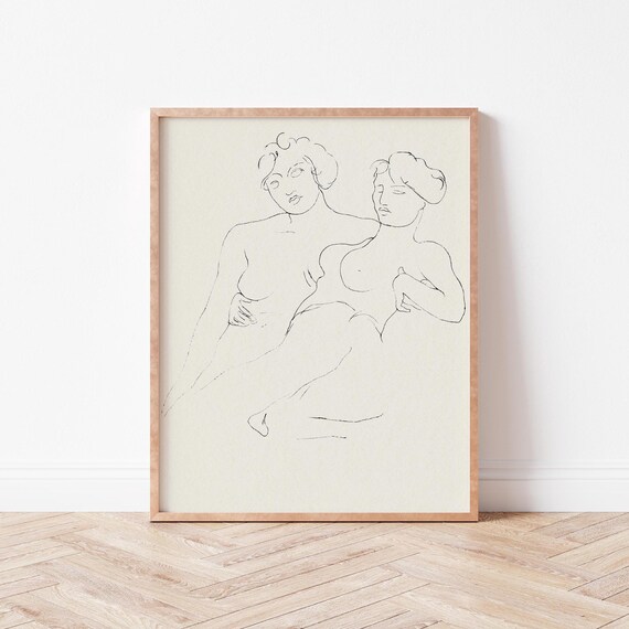 Classical Two Seated Women Minimalist Line Drawing Figure Art Print