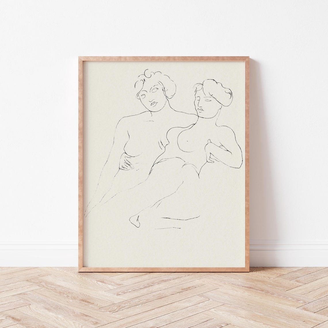 Classical Two Seated Women Minimalist Line Drawing Figure Art Print