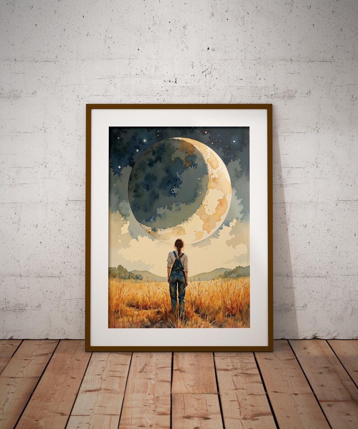 Woman in Overalls Beneath a Giant Crescent Moon Watercolor Poster - Image 4