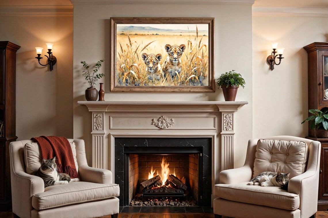 Pair of Lion Cubs Hiding in Savanna Grass Gentle Watercolor Poster - Image 3