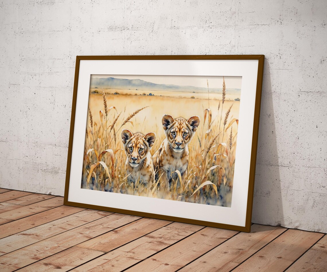 Pair of Lion Cubs Hiding in Savanna Grass Gentle Watercolor Poster - Image 2