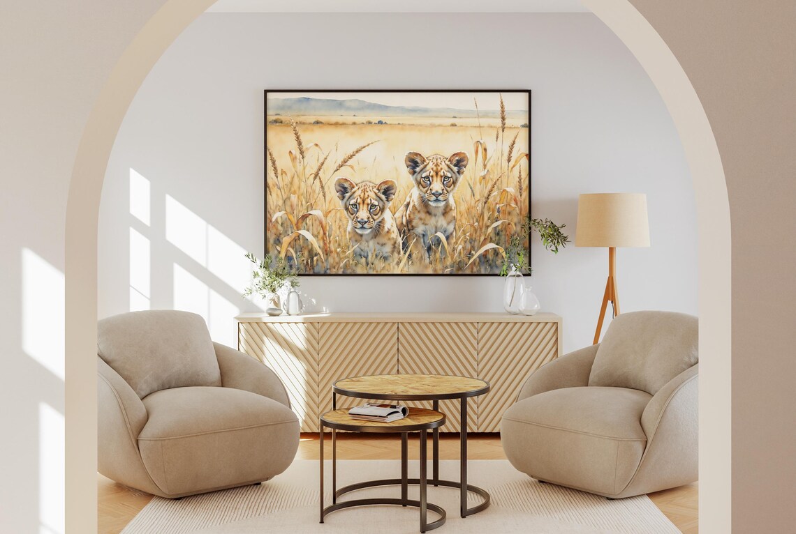 Pair of Lion Cubs Hiding in Savanna Grass Gentle Watercolor Poster - Image 4