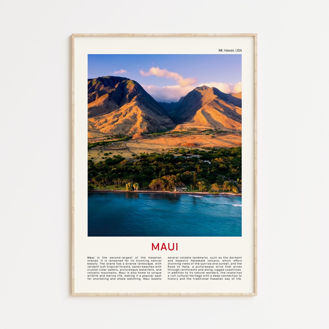 Maui Hawaii Golden Volcanic Mountains Coast Film Photo Travel Poster