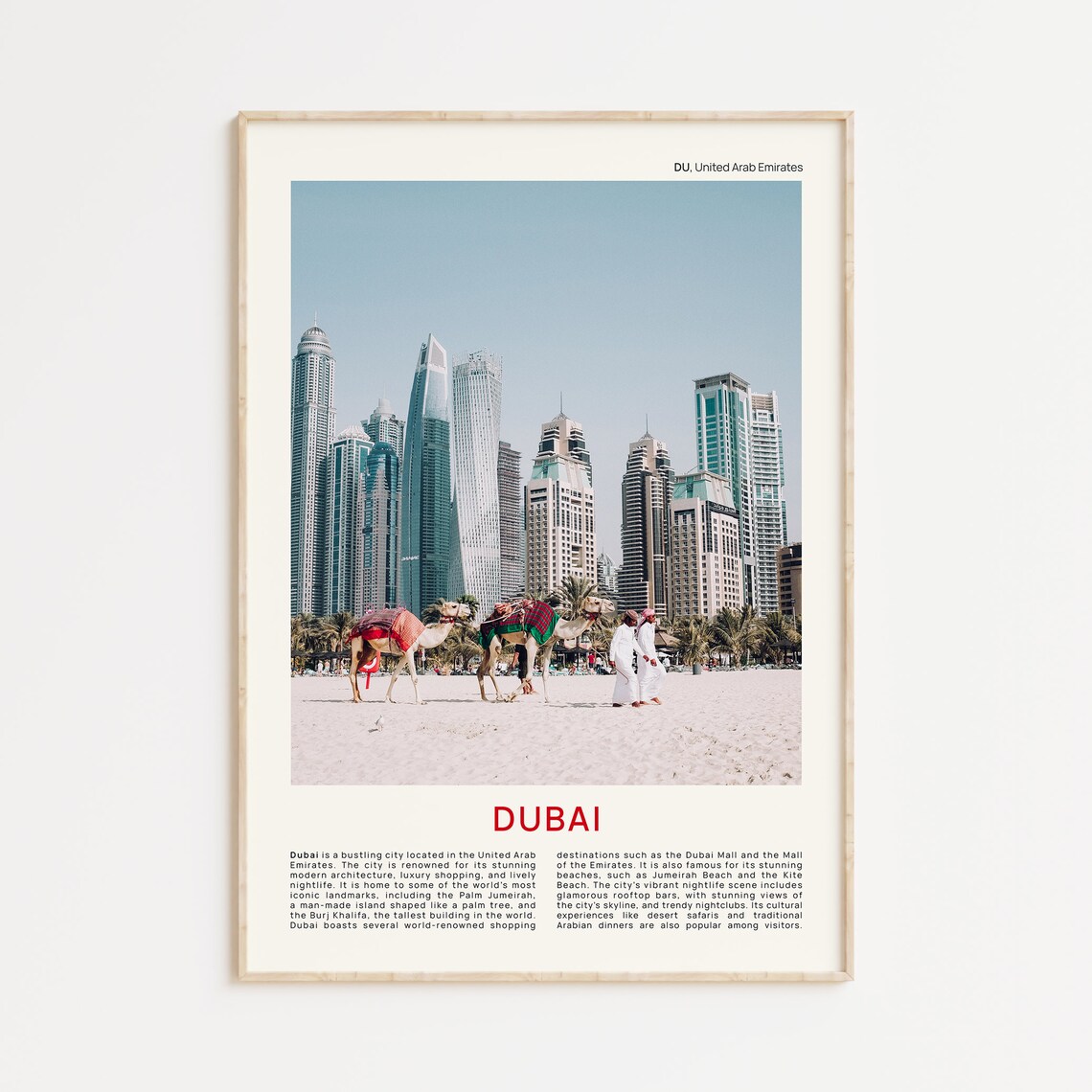 Dubai UAE Camels on Beachfront Skyline Film Photo Travel Poster